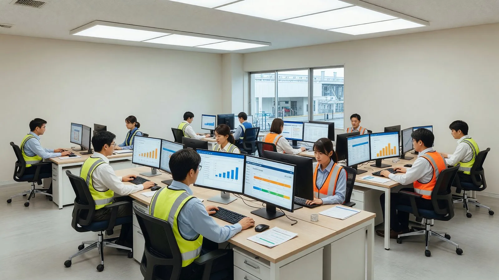 製造業の事務所で生産管理データの自動化に取り組んでいる様子