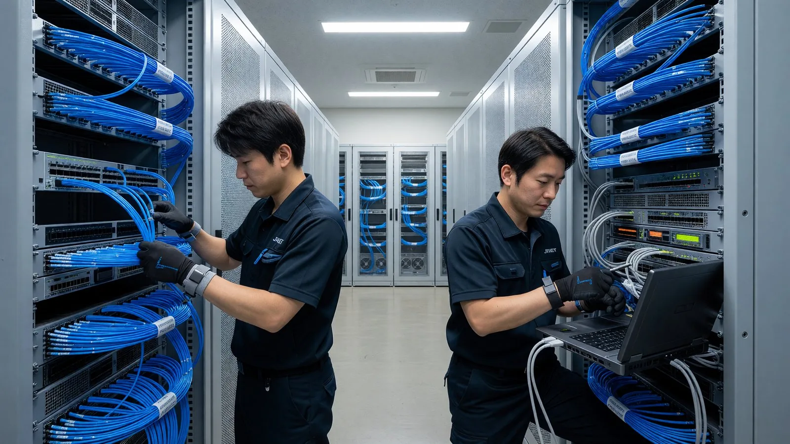 ネットワーク機器の設置作業を行う技術者たち