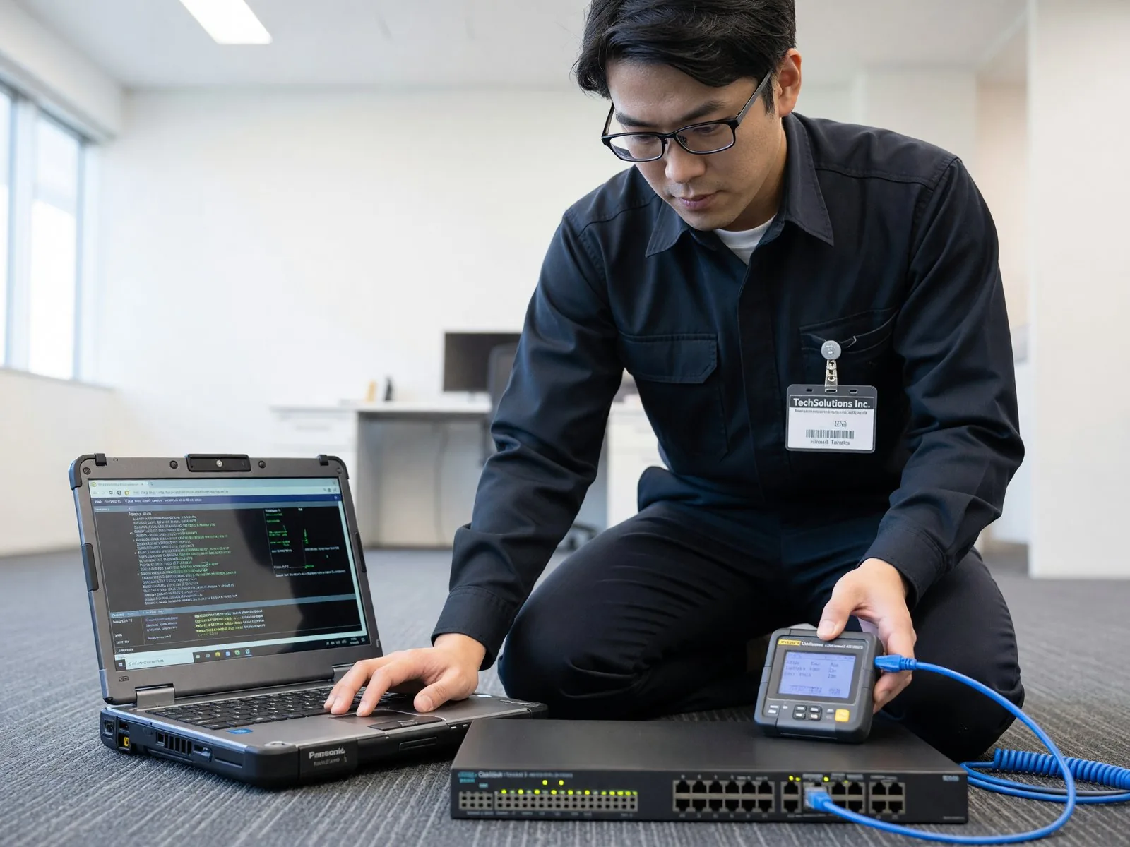 現地でネットワークのトラブルシューティングを行うエンジニア