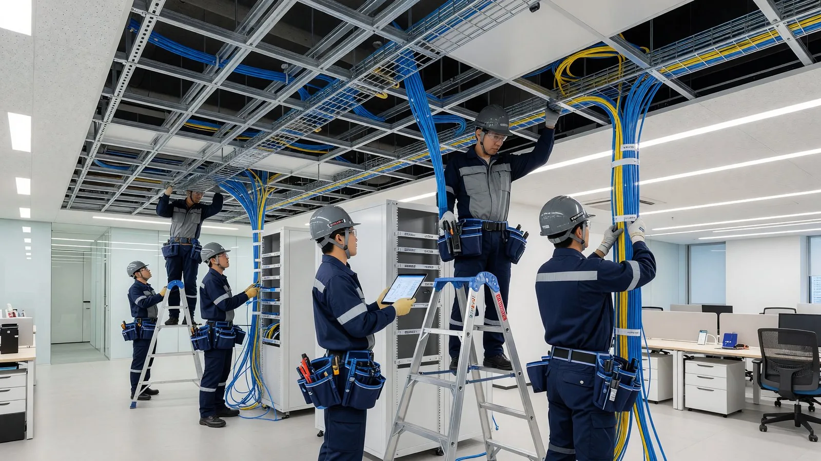 ラック内で配線を整理する構造化配線の施工作業